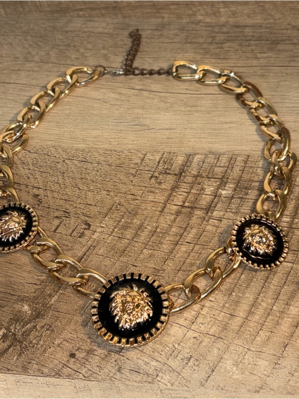 Lion Head /Cuban Chain Linked Necklace/Black Enamel/Gold